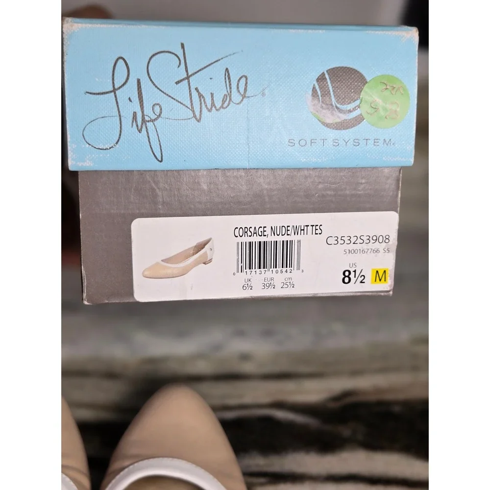 LifeStride GCREACH Womens 8.5M Beige White Patent Pointed‎ Toe Ballet Flats VTG
